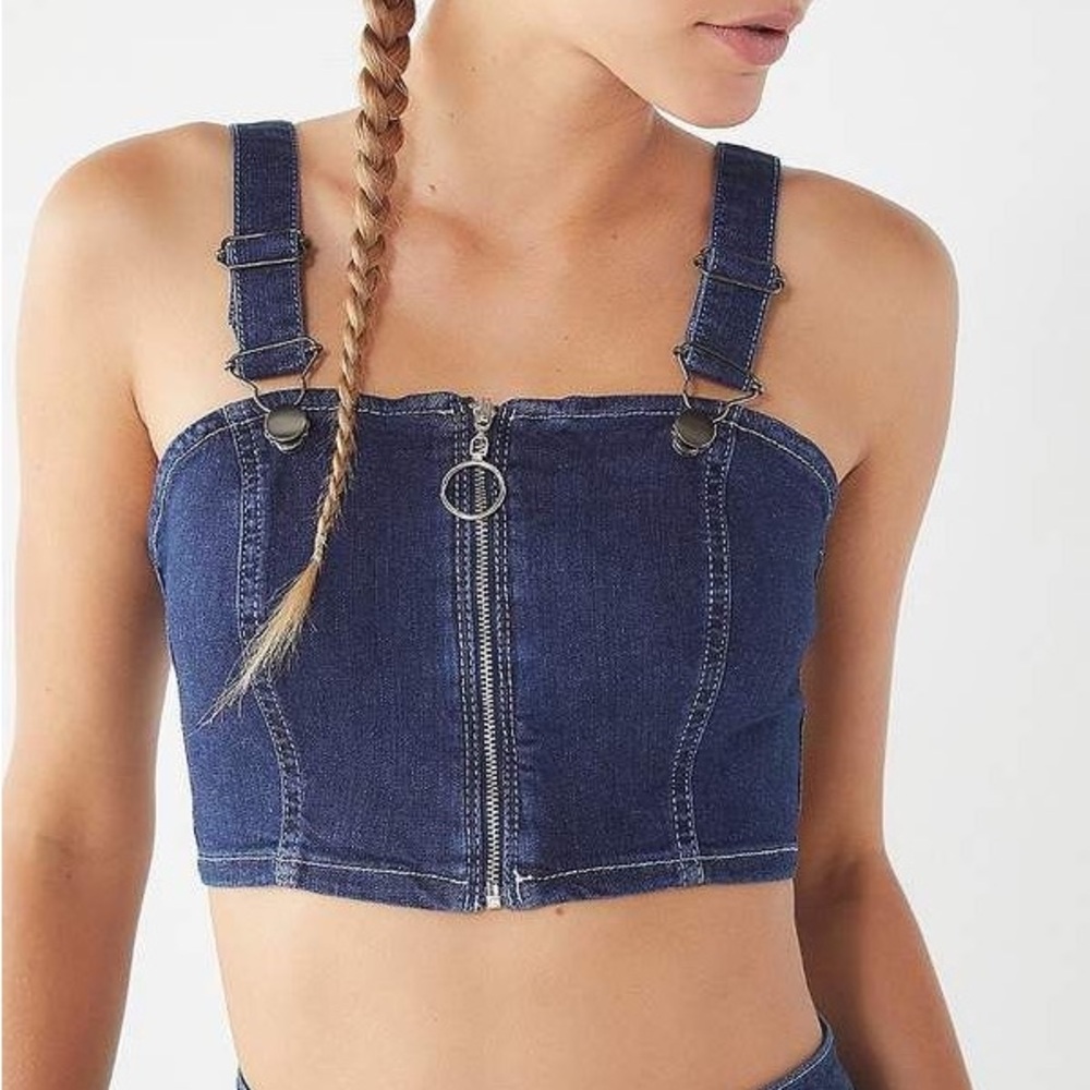 UO denim front zip crop top